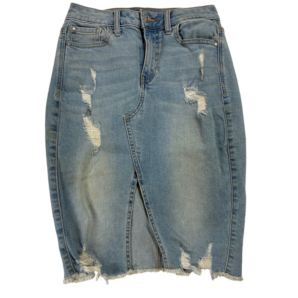 Guess Naomi Pencil Skirt Womens XS Blue Distressed Stretch Denim High Waist